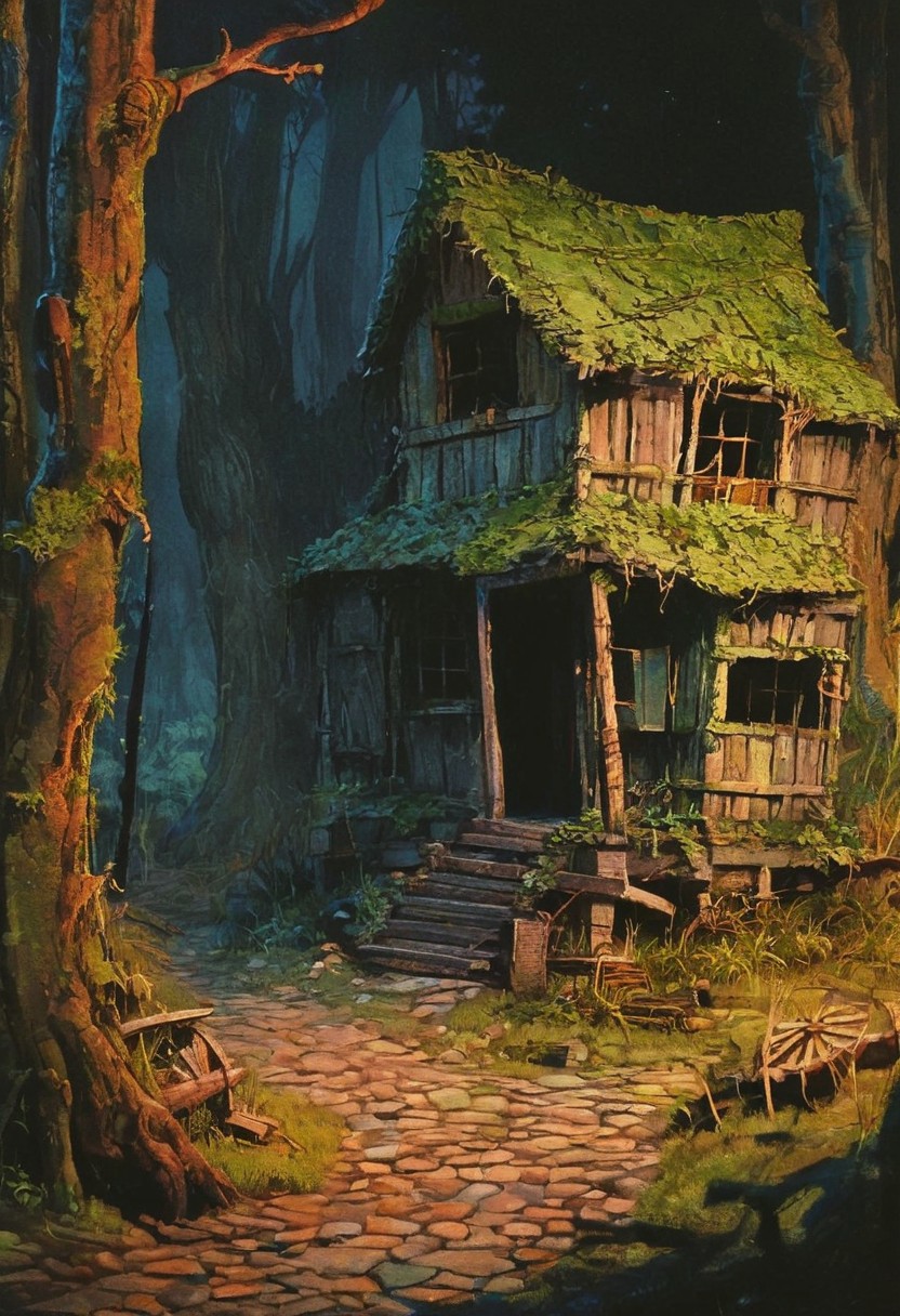 A forgotten village deep in the forest, its wooden houses now overgrown with vines and moss. The cobblestone streets are cracked and covered in weeds, and the air is filled with the sound of rustling leaves and distant animal calls. A lone traveler explores the village, discovering remnants of a time long past., 
in the style of decaying animatronic, claymation, VHS screen grab, grainy, old footage, in the style of an old 80's VHS dark fantasy, VHS screen grab, grainy, old footage
, the scene is captured in dimly lit dark fantasy but vibrant colors, with bold ink lines defining form against the watercolor wash of the aged paper