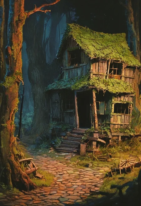 A forgotten village deep in the forest, its wooden houses now overgrown with vines and moss. The cobblestone streets are cracked and covered in weeds, and the air is filled with the sound of rustling leaves and distant animal calls. A lone traveler explores the village, discovering remnants of a time long past.,
in the style of decaying animatronic, claymation, VHS screen grab, grainy, old footage, in the style of an old 80's VHS dark fantasy, VHS screen grab, grainy, old footage
, the scene is captured in dimly lit dark fantasy but vibrant colors, with bold ink lines defining form against the watercolor wash of the aged paper