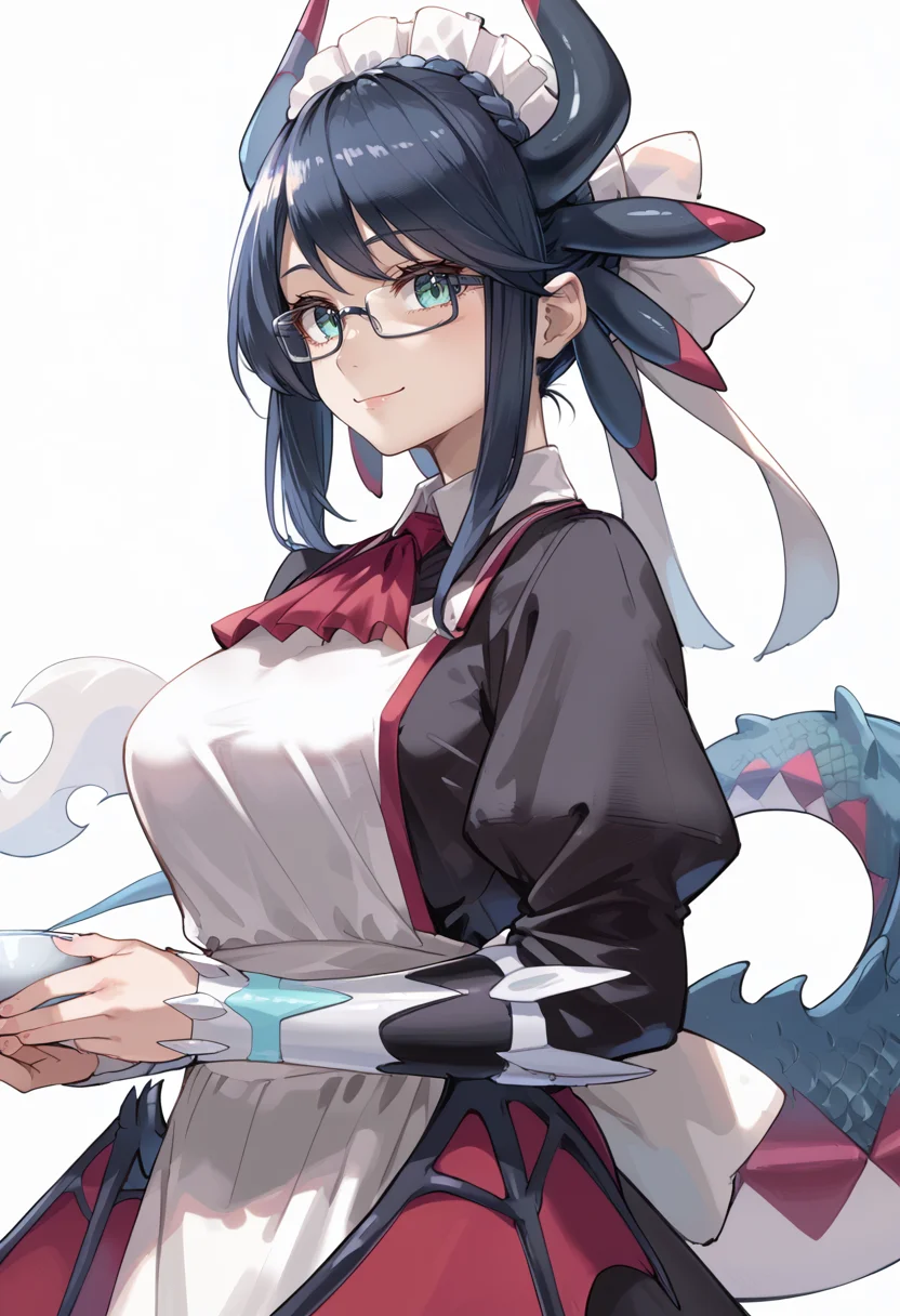 (score_9:0.9),score_8_up,score_7_up,rating_safe,anime style,(zPDXL),<lora:House Dragonmaid ponyXL v1:0.76>,house dragonmaid,1girl,solo,glasses,maid dress,looking at viewer,red ascot,smile,maid headdress,mob cap,large breasts,sidelocks,white background,closed mouth,simple background,holding,silver fingerless gloves,from side,low dragon wings,