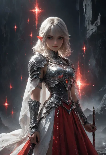 Super Closeup Portrait, Profoundly dark whiteish dystopian hyrule,  glass, Stains, space grunge style, Jeanne d Arc wearing White Red used styled Cotton frock, bioluminescent dress, Wielding thun luminous silver sword, Sci-fi vibe, dirty, noisy, Vintage monk style, very detailed, hd,