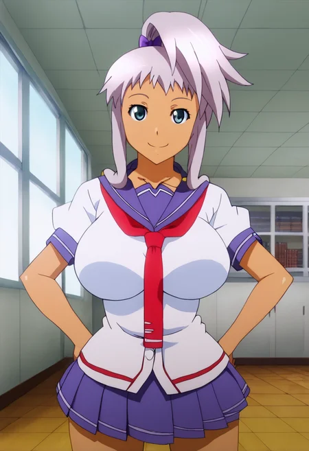 1girl, solo, chacha_akaza, breasts, school uniform, skirt, smile, indoors <lora:Chacha_Akaza:1>