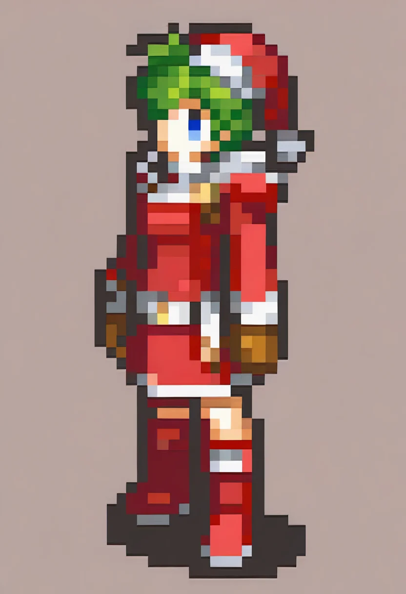 masterpiece, best quality, solo, 1girl, <lora:FEGBA-Sprites-illus_Fp:1>, simple background, pixel art, full body, <lora:nino-fe-richy-v1_ixl:1>, nin0f, blue eyes, green hair, short hair, antenna hair, green hair bow, santa hat, red dress, fur trim, long sleeves, santa costume, white belt, brown gloves, red knee boots