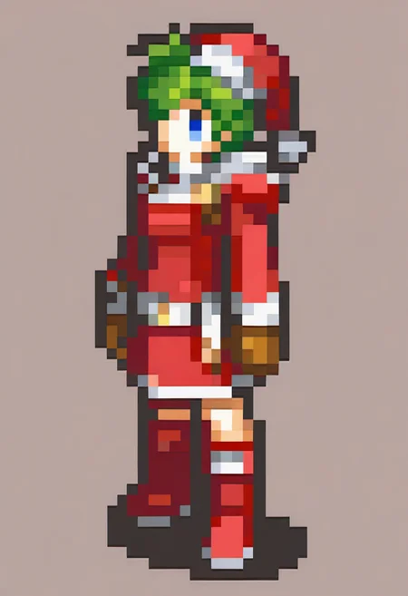 masterpiece, best quality, solo, 1girl, <lora:FEGBA-Sprites-illus_Fp:1>, simple background, pixel art, full body, <lora:nino-fe-richy-v1_ixl:1>, nin0f, blue eyes, green hair, short hair, antenna hair, green hair bow, santa hat, red dress, fur trim, long sleeves, santa costume, white belt, brown gloves, red knee boots