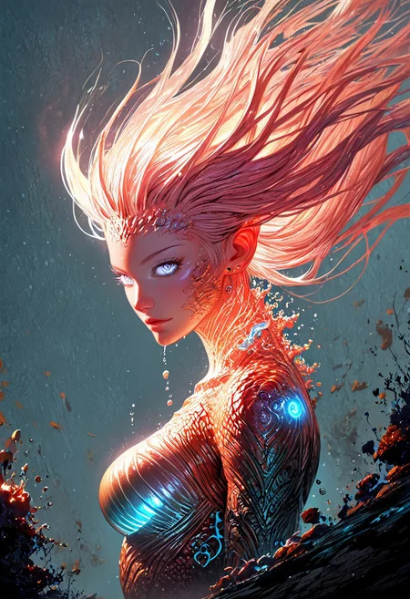 (score_9, score_8_up), score_7_up, zPDXL, solo, <lora:MythAnim3Style:0.8>, MythAn1m3,  source_anime, 1girl, mermaid, dark mysterious backgroud, Iridescent eyes, aquatic scene, dreamlike atmosphere, mystical, ethereal light, detailed textures, whimsical, rippling, dripping, water element, very long cascading hair, water, very beautiful, sexy, sexy body, beautiful body, scales, wet body, Iridescent scales, bubbles, water drops, Iridescent skin, multi colored eyes, partially underwater shot, watce, bioluminescent skin, bioluminescent, glowing, bioluminescent scales, bioluminescent hair,  FastNegativeV2, laser light clothes, submerged breast, water line on lense, view from under water, light hair