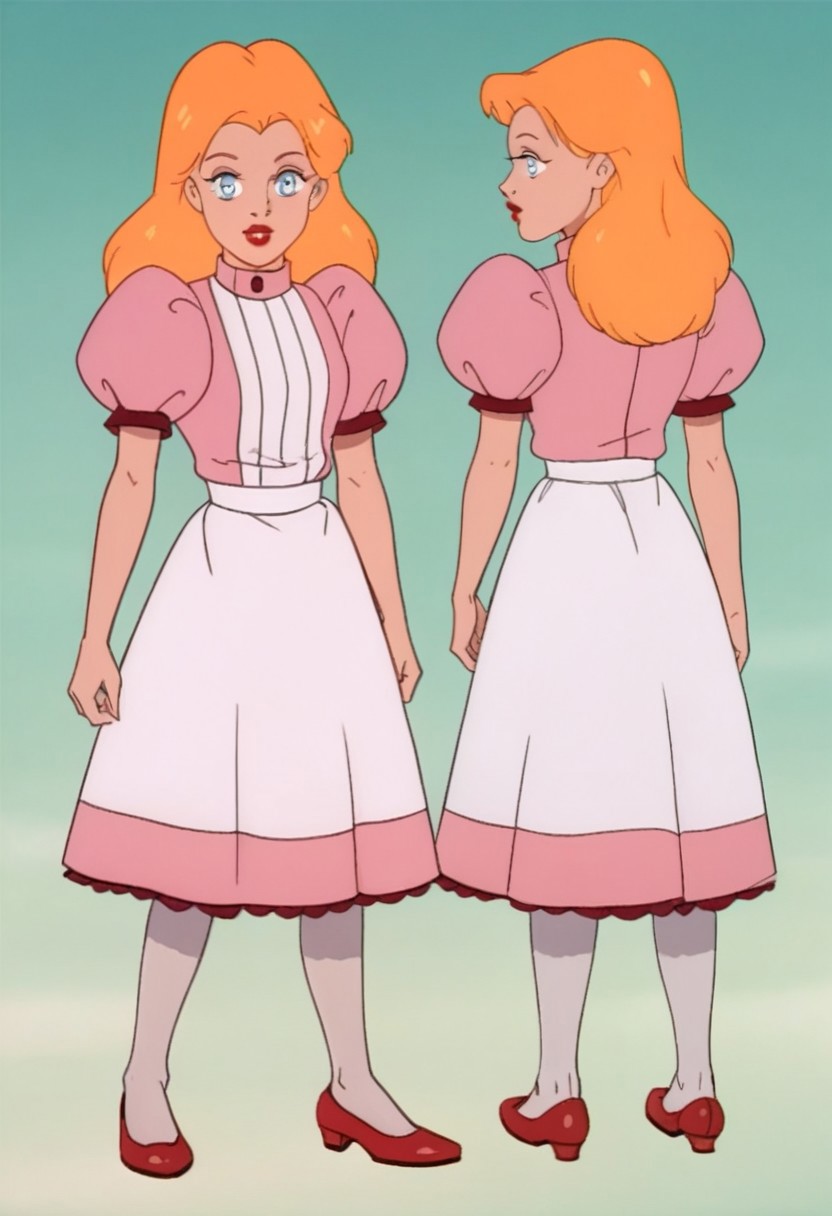 score_9_up, score_8_up, score_7_up, 1980s (style), retro artstyle, source_cartoon, rating_safe, solo 
JetLagAlice, 1girl, orange hair, blonde hair, long hair, makeup, lipstick, red lips, blue eyes, puffy sleeves, puffy short sleeves, short sleeves, dress, pink dress, apron, white pantyhose, pantyhose, skirt, shoes, red footwear
multiple_views, green_background, standing, full_body, front view, back view, from behind