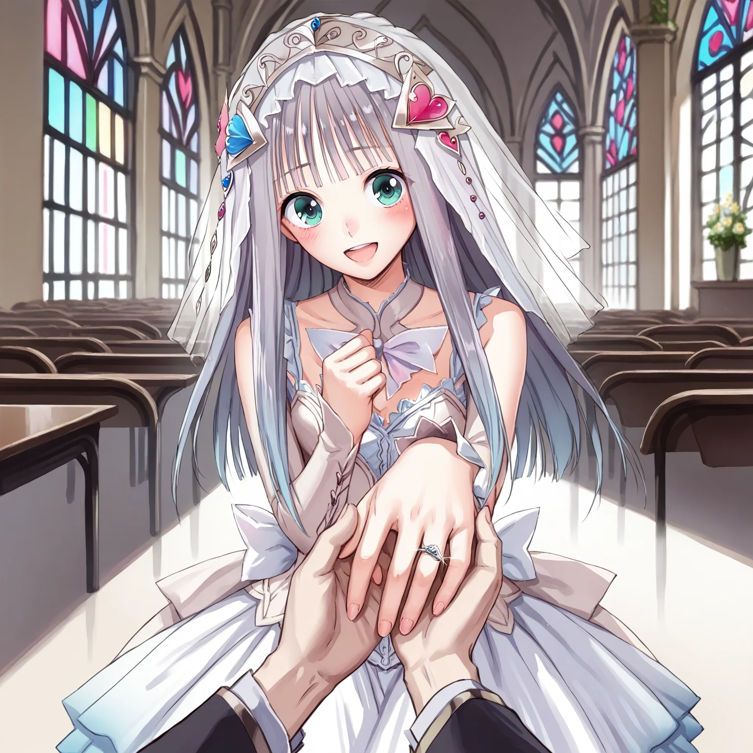 score_7_up, score_6_up, score_5_up, source_anime,
<lora:kishida.atelier.pony:1.1>, kishida, lulua, wedding dress, happy, blush,
inside a church,
<lora:wedding-ring-ponyxl-lora-nochekaiser:0.8>, wedding ring, marriage proposal, pov, pov hands, hand grab,