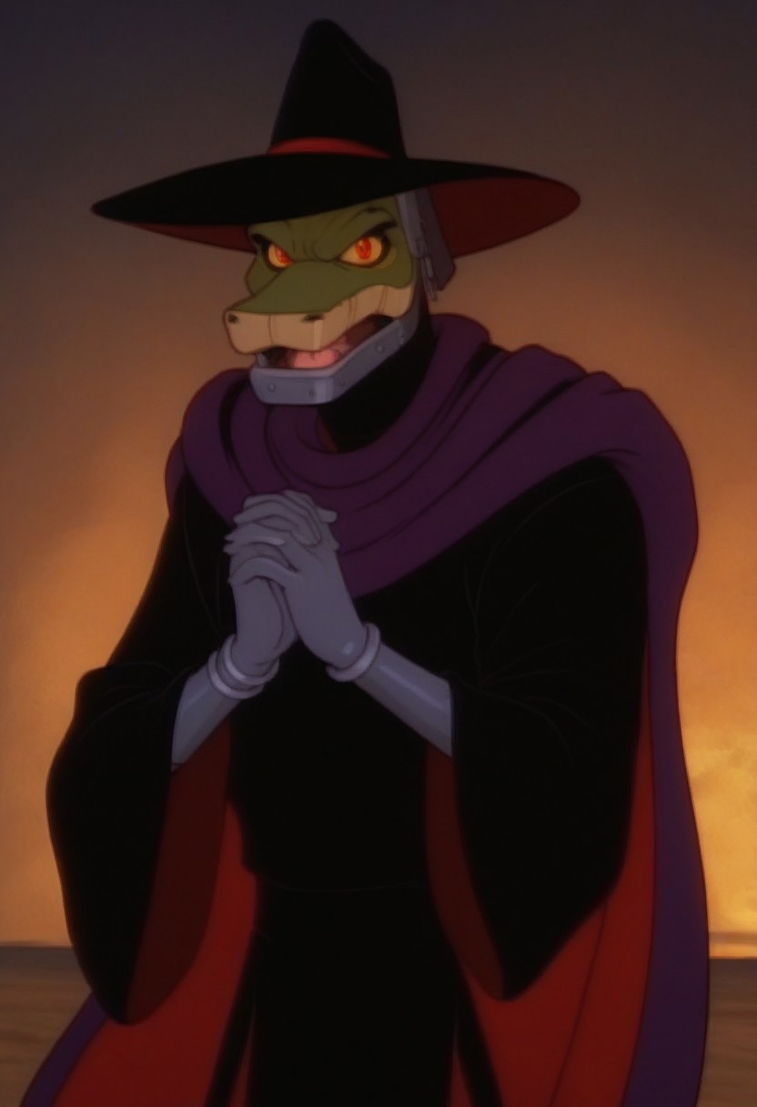score_7, score_8, score_9, dynamic lighting, detailed background, background is dessert, sand, mesas, sundown, (close up), cowboy shot,
BREAK 
Solo, 1boy, ((anthropomorphic)), furry male, male snake, male, green skin, bald, animal nose, narrow waist, tall, metal hands, grey hands, grey bracelets, steel jaw, yellow sclera, red eyes
BREAK 
shot from side, standing, looking at viewer, angry, black and red witch hat, black and red cloak, ((purple cape)), hands clasped, mouth open