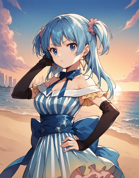 score_9, score_8_up, score_7_up, score_6_up, girl standing on the beach with hand on hip, source_anime, 1girl, masterpiece, best quality, cinematic lighting, upper body, medium shot, mgrcminamirena, blue hair, short twintails, blue eyes, pink hairpins, triangle earrings, blue neck bowtie, white with blue striped dress, yellow forearm frills, blue belt, blue back bow, blue gem on belt, black elbow gloves, dynamic pose, hand in hair, outdoors, city, beach, evening, sky, sunglare, clouds, (surprised:0.8), (side view:0.75), <lora:mgrcminamirena_XL:0.9>