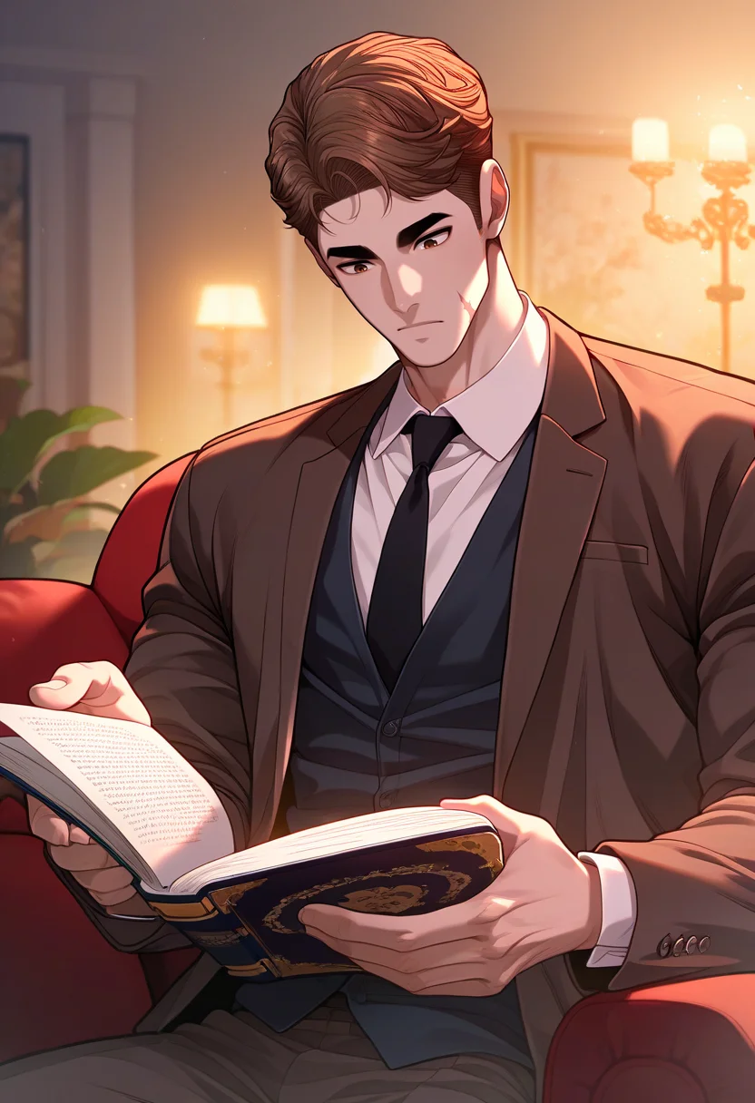 1boy, male focus,
<lora:Character - Questism - Yang Cheonhak:1> yangcheonhak, brown hair, brown eyes, scar on face
,((zPDXL)), score_9_up, score_8_up, score_7_up, score_6_up, score_5_up, score_4_up, best quality, amazing quality, best aesthetic, amazing aesthetic, absurdres, year2023, uncensored, very nsfw, official art, official style,
indoors, night, formal, suit, black necktie, white collared shirt, upper body, sitting, on couch, reading, book,
<lora:Style - Expressive_H-000001:1> expressiveh