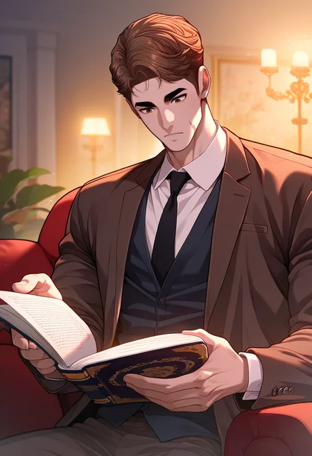 1boy, male focus,
<lora:Character - Questism - Yang Cheonhak:1> yangcheonhak, brown hair, brown eyes, scar on face
,((zPDXL)), score_9_up, score_8_up, score_7_up, score_6_up, score_5_up, score_4_up, best quality, amazing quality, best aesthetic, amazing aesthetic, absurdres, year2023, uncensored, very nsfw, official art, official style,
indoors, night, formal, suit, black necktie, white collared shirt, upper body, sitting, on couch, reading, book,
<lora:Style - Expressive_H-000001:1> expressiveh