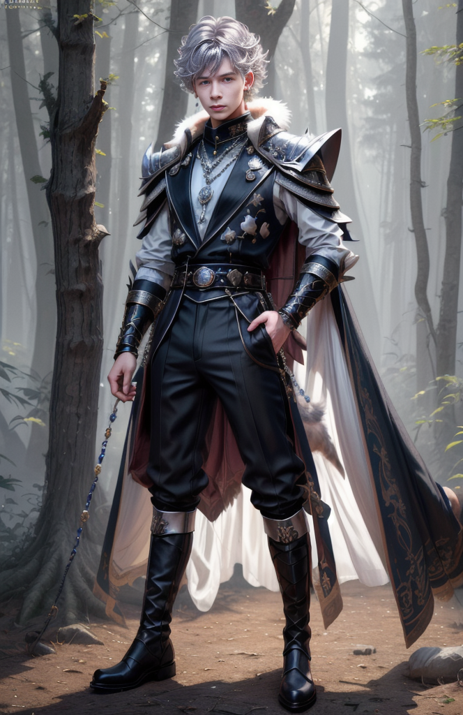 8k, wolf prince,   ((masterpiece)).((best quality:1.2)),  sharp focus, full body, head to toe, 1 young man, 22 years old, youthful appearance, male focus, dynamic pose,  silver colored hair, curly hair, EYESHD,  small testicle bulge, Nora outfit fur accents, Nora outfit bead necklaces, Nora outfit pants, Nora outfit hip quiver, Nora outfit leg guards, Nora outfit arm braces, Nora outfit belt with pouches, and Nora outfit fur boots,   defined body, thin waist, looking at camera, armor, he has a pet wolf,  detailed background a wooded clearing, a pet wolf standing nest to him,(absurdres) , <lora:more_details:0.5>, <lora:wrenchftmfshn>,<lora:add-detailxl:0.8>, <lora:Eyes_High_Definition-000007>, , <lora:lightup_brightness_v200:1>, <lora:Nora:1>