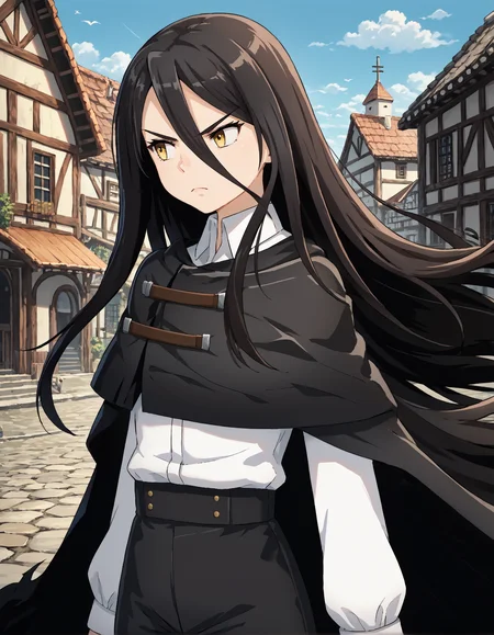 score_9, score_8_up, source_anime, 1girl, upper body, medium shot, detailed, pmmmrizhawkwood, rizcsl, black hair, long hair, yellow eyes, white shirt, black cloak, black high-waist pants, serious, outdoors, village, looking to the side, wind, (side view:0.8), <lora:pmmmrizhawkwood_XL:1>