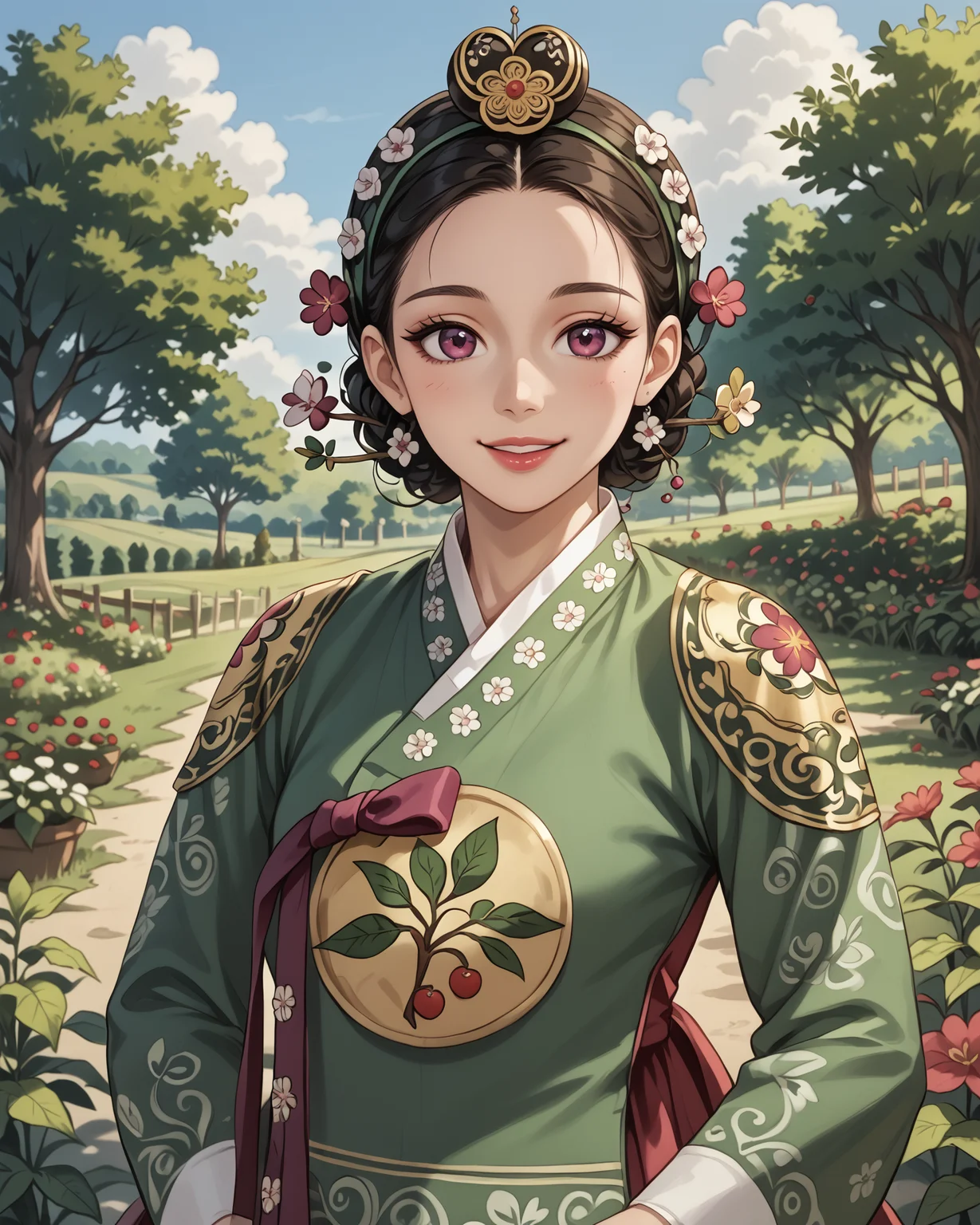 score_9, score_8_up, score_7_up, 1girl, wearing dangui, dangui clothing, waist-up, dynamic pose, orchard, sweet smile, garden, intricate patterns, jacquard fabric, extremely detailed clothing, insanely detailed, masterpiece, highest quality, absurdres, (best quality:1.1), detailed face, detailed hair, digital art, <lora:Dangui_Hanbok_XL:0.9>, <lora:OtherStyle_08-Merge5_06_04_02_02:1>