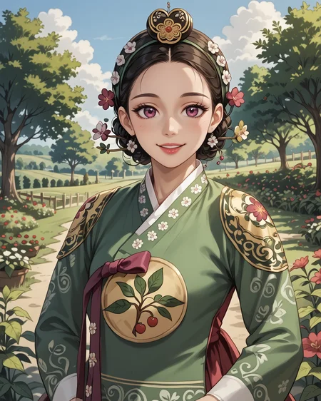 score_9, score_8_up, score_7_up, 1girl, wearing dangui, dangui clothing, waist-up, dynamic pose, orchard, sweet smile, garden, intricate patterns, jacquard fabric, extremely detailed clothing, insanely detailed, masterpiece, highest quality, absurdres, (best quality:1.1), detailed face, detailed hair, digital art, <lora:Dangui_Hanbok_XL:0.9>, <lora:OtherStyle_08-Merge5_06_04_02_02:1>