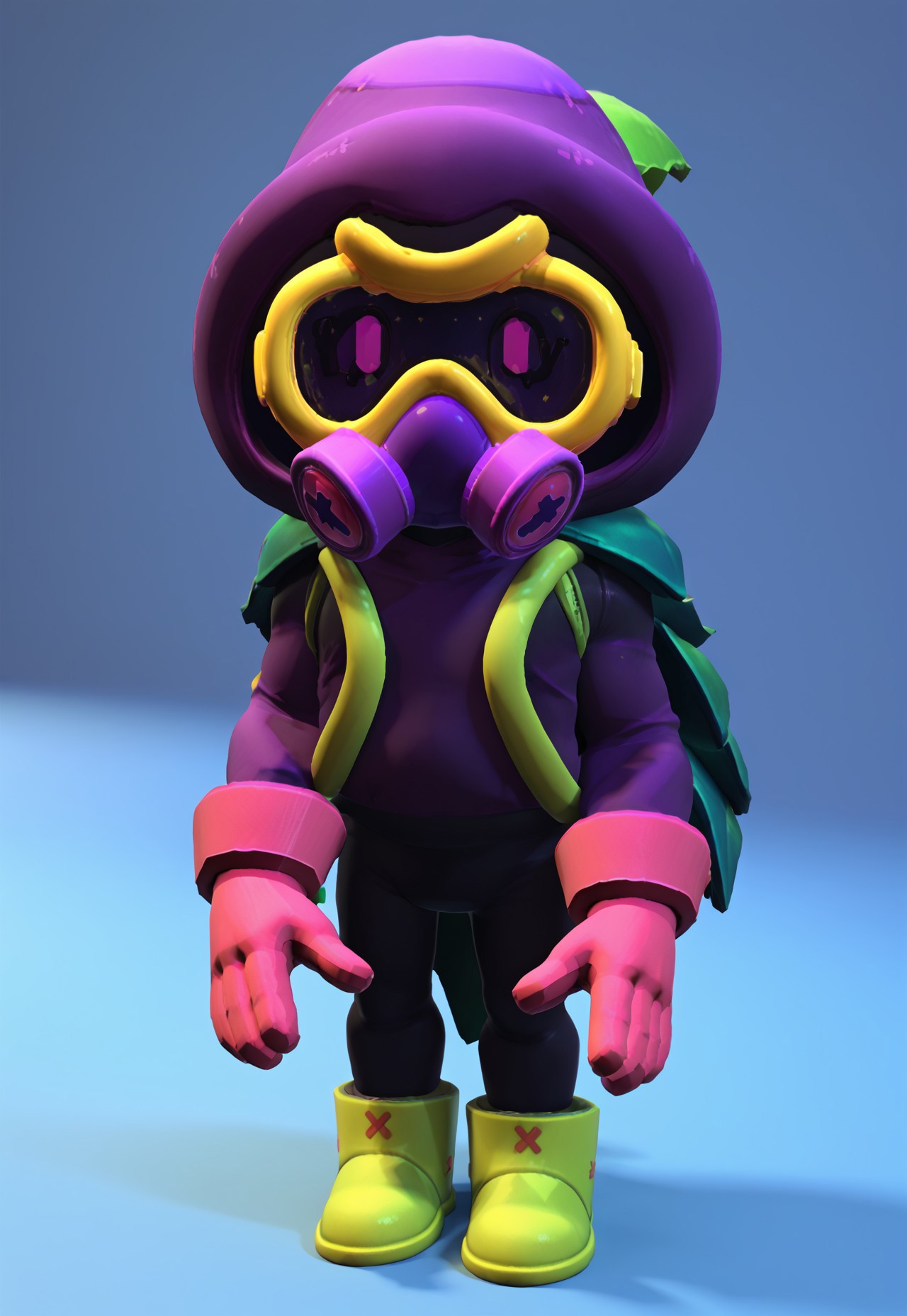 score_9_up, score_8_up, score_7_up, 1boy, bs_cordelius, gas mask, purple hat, black bodysuit, green harness, green cloak, pink gloves, green boots, standing, 3d,