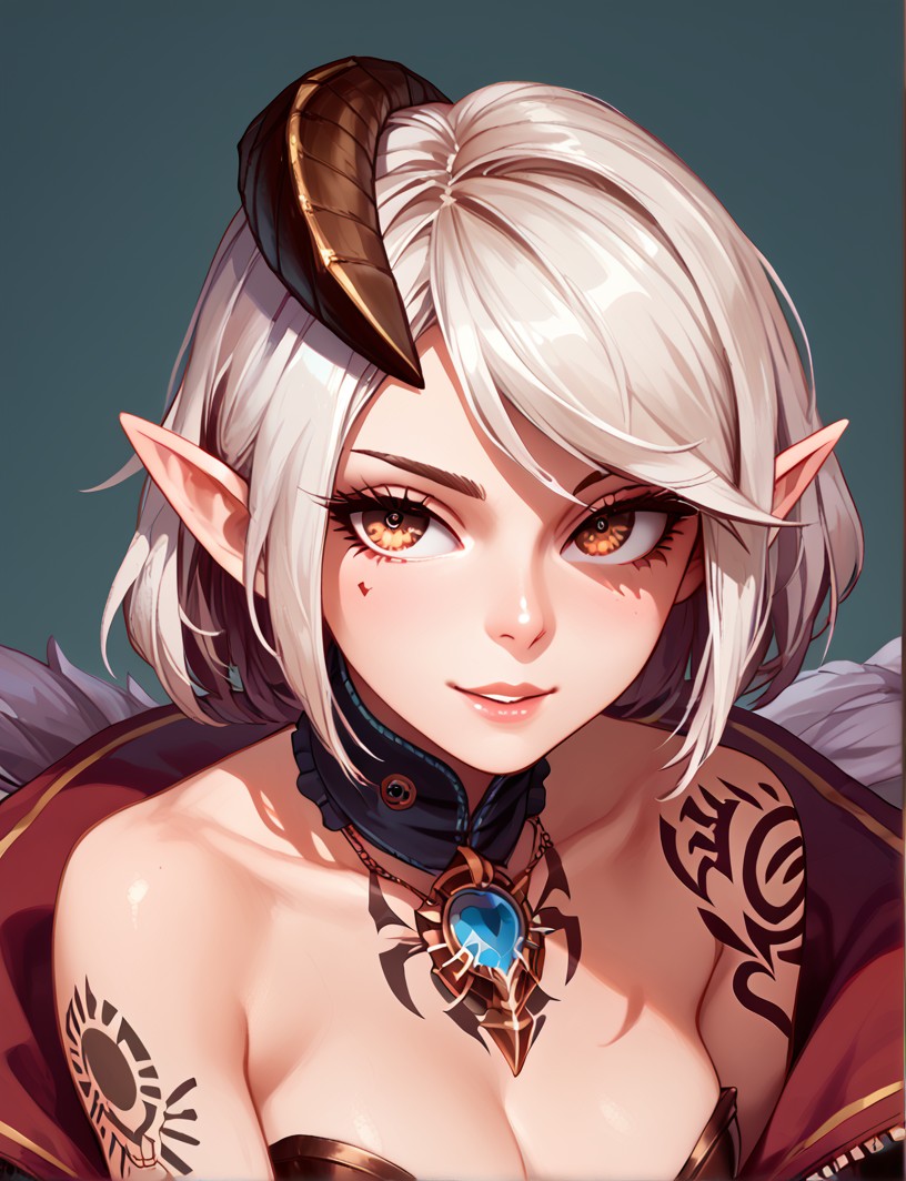 (Score_9, score_8_up, score_7_up), (masterpiece), (expressive eyes), 1girl, Amazoness, one horn, wraparound horn, segmented horn, segmented tail, tattoo, pointy ears, <lora:MGE_V5.0:1.2>