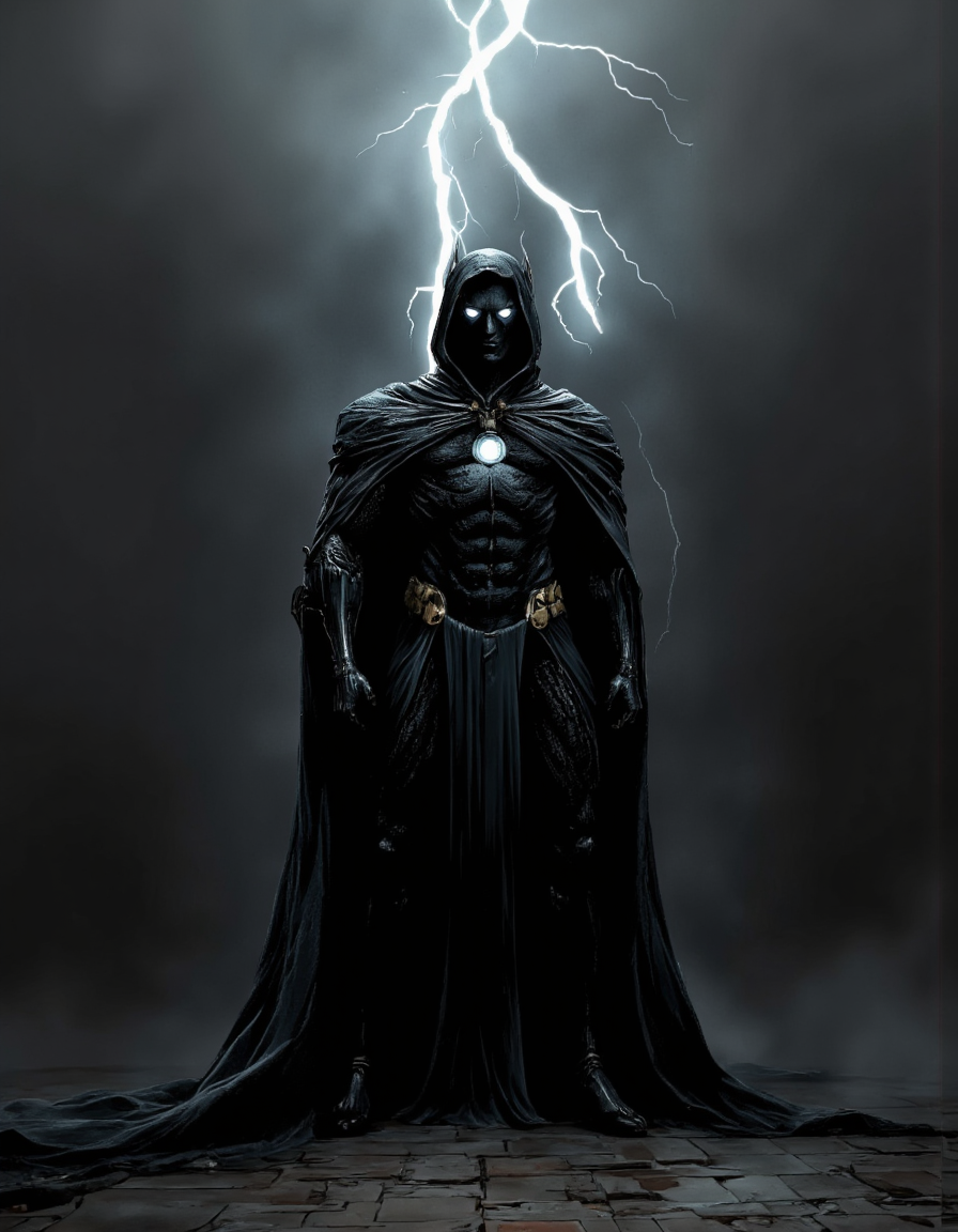 <lora:martoonia:0.85> martoonia, dark, imposing figure, silhouette, hyperrealistic, dramatic lighting,  glimmering white lightning bolt streaks,  alien-like/superhero body, large flowing cape, jagged edges, detailed texture on the cape,  powerful stance,  pale, diffused light from behind figure, stone floor,  menacing,  comic book style,  detailed anatomy,  powerful/dangerous character,  glowing white eyes,  dark gray/black color scheme,  intense,  fantasy. . 35mm photograph, film, bokeh, professional, 4k, highly detailed