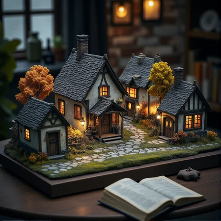 This is a miniature diorama that recreates a town lined with old buildings reminiscent of Medieval Europe, and a world where young, beautiful witches fly through the sky on broomsticks. It is placed next to a grimoire. Each roof and wall is carefully weathered, and professional lighting gives it an indistinguishable finish from the real thing.
<lora:Flux.1_Turbo_Detailer:0.7>, <lora:Diorama_Flux:0.9>
