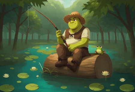 score_9, score_7_up BREAK solo,male focus,shrek, green skin,scenery,swamp,lily pad,straw hat,holding fishing rod,light smile,leaves,frog,birds,sitting on tree stump,outdoors <lora:itzah_pd:1> <lora:Shrek_XLPD:0.7>