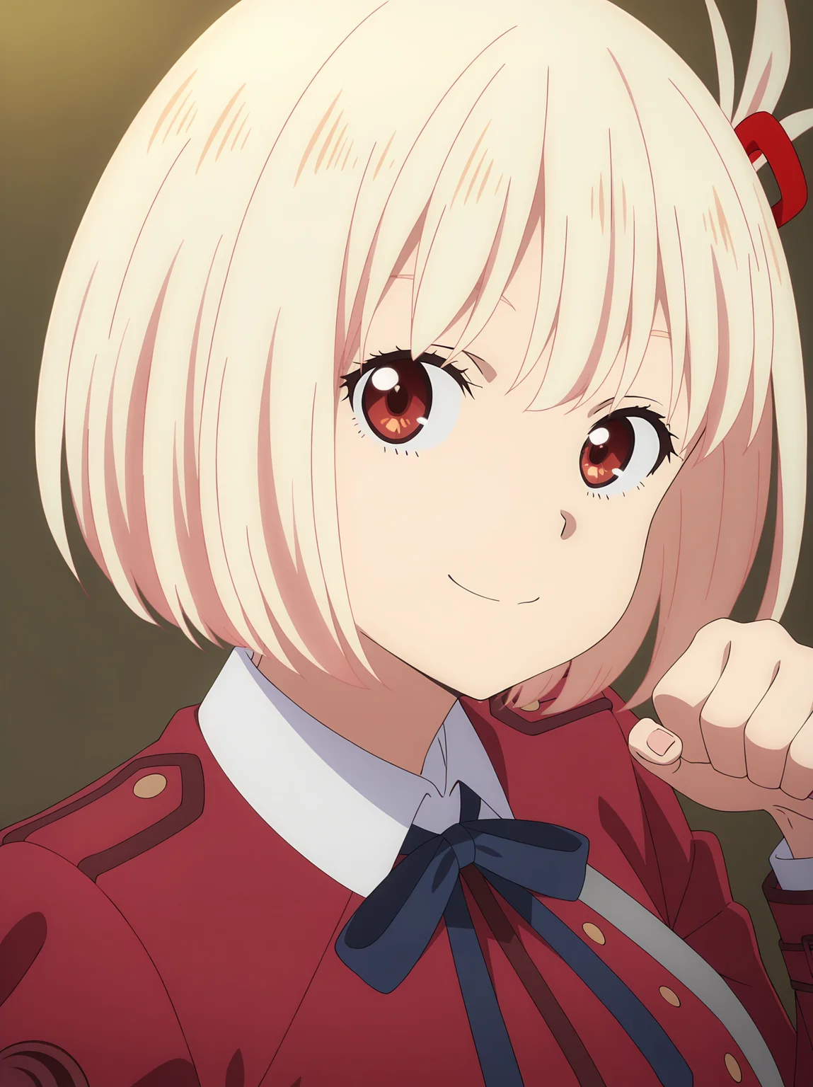 <lora:Chisato_Nishikigi:0.8>, nishikigi_chisato, 1girl, solo, blonde short hair, red eyes, red lycoris uniform, red hair ribbon, white collared shirt, short hair, smile, paw pose, looking at viewer, closed mouth, portrait, standing, indoors, simple background