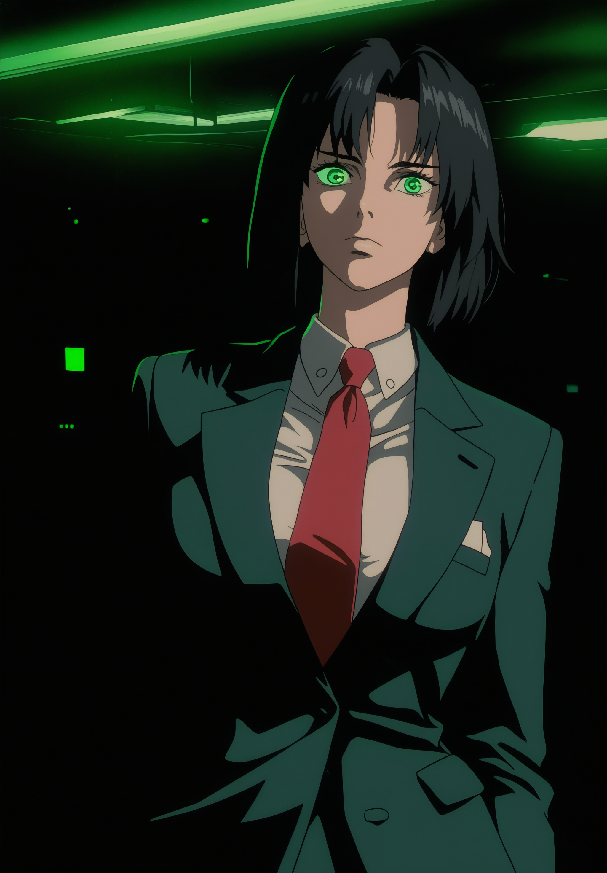 masterpiece,absurdres,best quality,high quality,<lora:GITS1995_XL Vpred Noob:1>,1girl,a woman in a suit and tie with a red tie on her head and a green light in the background,