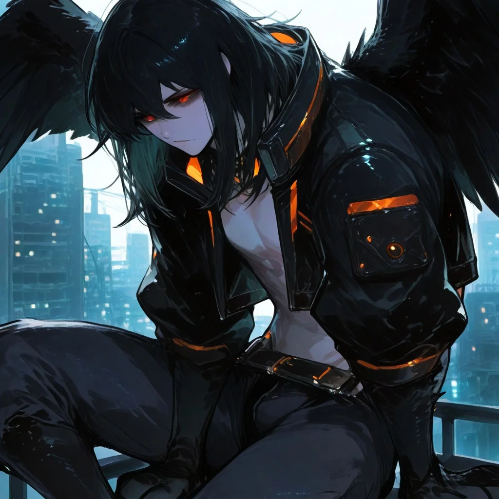 masterpiece, newest, absurdres, safe Solo, high detailed, male, handsome masculine male, Sexy male. Masculine male. Handsome Male, sexy male, Seductive, Goth sci-fi, Medium hair, black hair, Harpy, Orange eyes, Black Jacket, closed Jacket, cropped jacket, sexy male, Goth, Harpy, Crow Wings, Crow Harpy, Black wings, Harpy wings, Cyberpunk soldier, Elegant, Cyberpunk goth, Muscular, Handsome, Masculine male. Cyberpunk Undercity background, rolled up sleeves, male, masculine, male, masculine, bird hands, bird claws, black claws, messy hair, bangs. sitting on a balcony, hunched over, spread wings