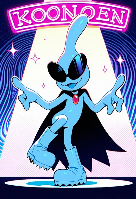 masterpiece, ultra detailed, amazing quality, absurdres, very aesthetic, solo focus, male focus, 1boy, 
orbulon_WW, white skin, alien, 3 fingers, fewer digits, sunglasses, covered eyes, knee boots, white footwear, spiked footwear, standing, brooch, cape, torn cape, :3, smile, :p, blue tongue, sparkle, hands up, pointing, turning head, from side, leg up, knee up, standing on one leg, cowboy shot, slim, small butt, 
BREAK 
detailed shading, flying saucer, spotlight, psychedelic background, multi-colored, WaiIL25PosC, g0th1c, glowing, neon lights,