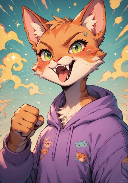 score_9, score_8_up, score_7_up, score_6_up, score_5_up, score_4_up, futuristic art, cat wearing a purple hoodie, (orange tabby cat), fur, furry, solo, fist up, fangs, tongue, (from below), abstract background, pathtracing, layered photon mapping, c0l0urc0r3, cute, bright colours