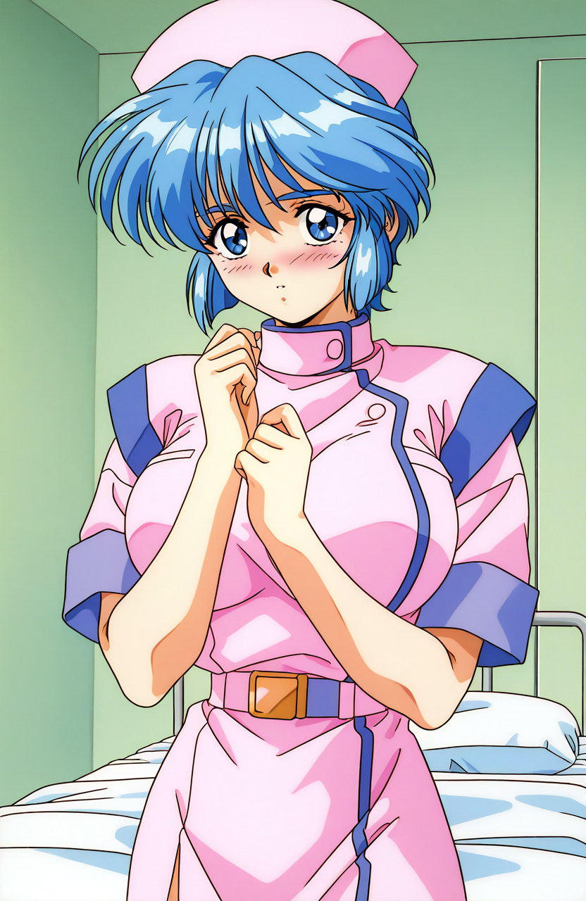 general,highres, ultra-detailed,very aesthetic,best quality ,best hands,  BREAK <lora:Mamiya_Chisato_OVA_IS:1>
Mamiya_Chisato_OVA, 1girl, blue hair, short hair, nurse, blue eyes, 1990s (style), huge breasts, bangs, nurse cap, 1990s \(style\),anime coloring,  blush, 
solo,  uniform, hospital bed, belt,  short sleeves, bed, long hair, upper body, indoors