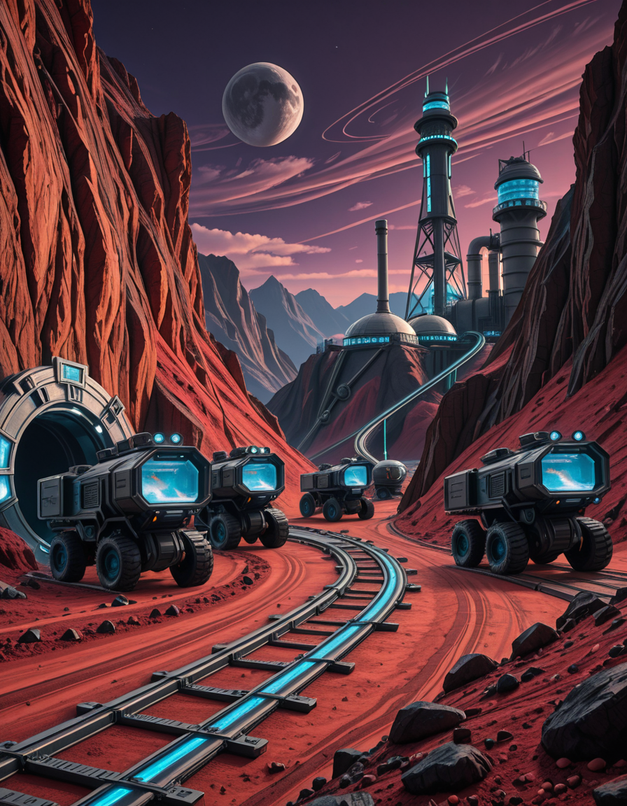 A futuristic mining outpost on a distant, rocky planet with a harsh, alien landscape. The mine entrance is a massive, reinforced metal tunnel carved into the side of a jagged, dark-red mountain. Advanced, glowing blue energy lights line the entrance, illuminating the metallic tracks that lead deep underground. Large, heavily-armored mining vehicles with mechanical arms and drills are stationed nearby, extracting rare minerals from the rock. The ground is covered in fine, reddish dust, kicked up by the movement of autonomous robotic drones that transport ore to a towering industrial refinery in the background. The sky is a deep, dark purple with swirling clouds and two distant moons casting a cold, eerie glow. In the distance, futuristic habitation domes with transparent walls house workers in protective exosuits, their silhouettes visible inside. A neon-lit control tower monitors operations, its holographic screens displaying real-time data. The atmosphere is both desolate and technologically advanced, evoking a sense of exploration and survival on the edge of the galaxy.
<lora:SDXLFaeTastic2400:0.4> <lora:extremely_detailed:0.4> extremely detailed,futuristic mining 0utp0st, <lora:futuristic_mining_0utp0st-i:1>, Masterpiece,best quality,hi res,8k,hi res,8k,award winning,(sharp focus, intricate, highly detailed),