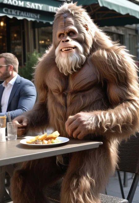 Highres, masterpiece, sasquatch, bigfoot, light white beard, expressive, sitting at a restaurant in Paris, eating a meal, outdoors, sunny