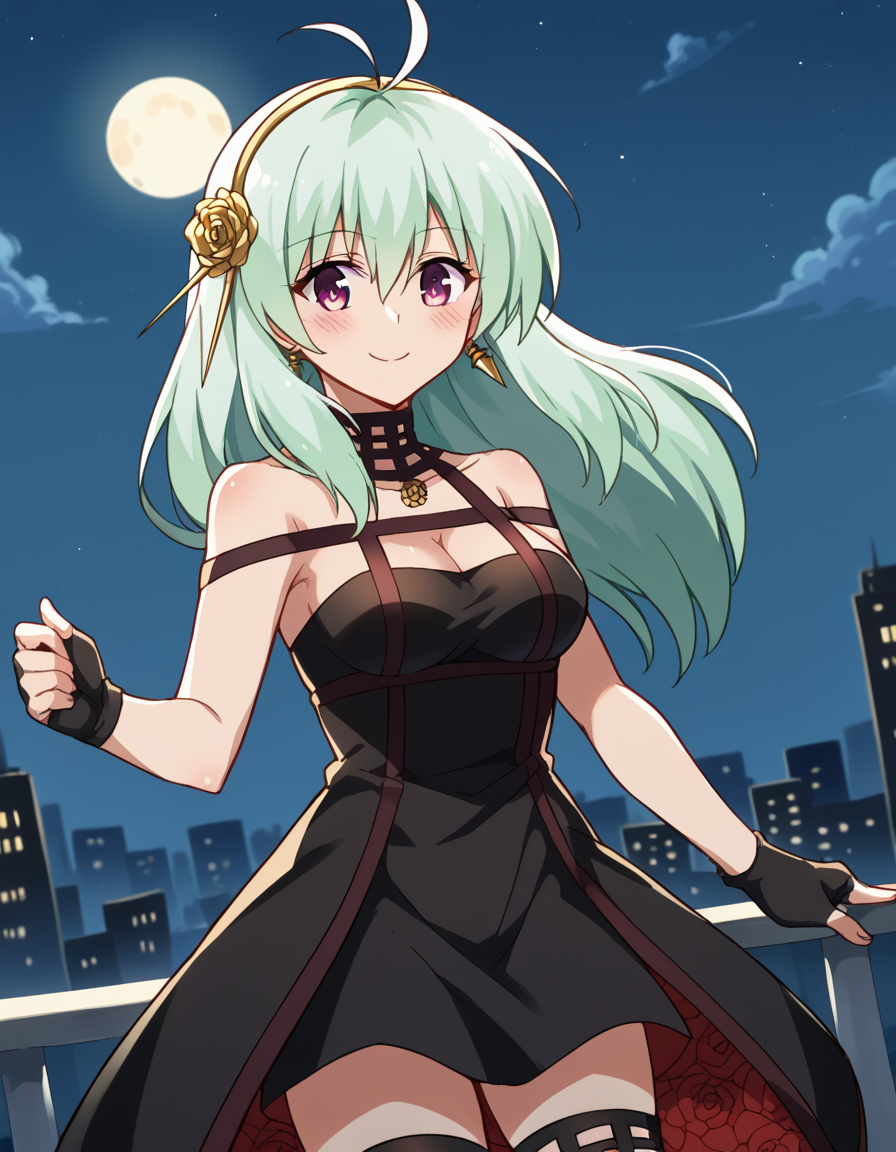 score_9, score_8_up, score_7_up, source_anime, <lora:run-elsie-jewelria-darkness-ponyxl-lora-nochekaiser:1>, run elsie jewelria, long hair, purple eyes, green hair, antenna hair, ahoge, hair between eyes, medium breasts, <lora:yor-briar-cosplay-ponyxl-lora-nochekaiser:1>, yorbriarcosplay, yor briar (cosplay), bare shoulders, black dress, black gloves, cleavage, dress, earrings, gloves, gold earrings, hair ornament, hair band, jewelry, bare shoulders, collarbone, fingerless gloves, thighhighs, black thighhighs,, cityscape, night, moon, blush, smile, , dutch angle, cowboy shot