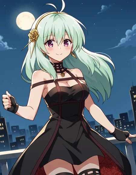 score_9, score_8_up, score_7_up, source_anime, <lora:run-elsie-jewelria-darkness-ponyxl-lora-nochekaiser:1>, run elsie jewelria, long hair, purple eyes, green hair, antenna hair, ahoge, hair between eyes, medium breasts, <lora:yor-briar-cosplay-ponyxl-lora-nochekaiser:1>, yorbriarcosplay, yor briar (cosplay), bare shoulders, black dress, black gloves, cleavage, dress, earrings, gloves, gold earrings, hair ornament, hair band, jewelry, bare shoulders, collarbone, fingerless gloves, thighhighs, black thighhighs,, cityscape, night, moon, blush, smile, , dutch angle, cowboy shot