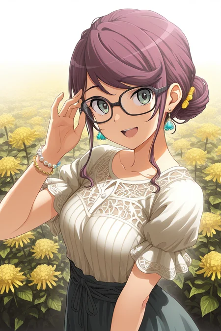 masterpiece, best quality, amazing quality,
 <lora:Junna_IL:1> junna, 1girl, glasses, solo, black-framed eyewear, short sleeves, flower, jewelry, smile, open mouth, green eyes, hand up, bracelet, hair bun, looking at viewer, earrings