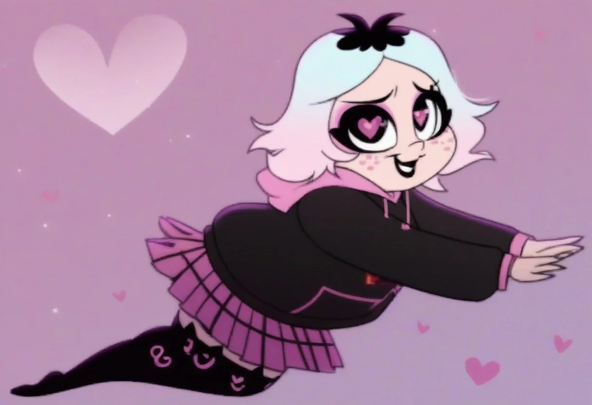 emberlynn, white hair, multicolored hair, black eyes, black lips, freckles, pink eyeshadow, shortstack, petite, black hoodie, pink hood, hood down, pink skirt, pleated skirt, plaid skirt, miniskirt, over-kneehighs, black socks, animal ear legwear, cat ear legwear, no shoes, heart floating, heart-shaped pupils, aroused, heart eyes, cupid arrow, Valentine's day themed