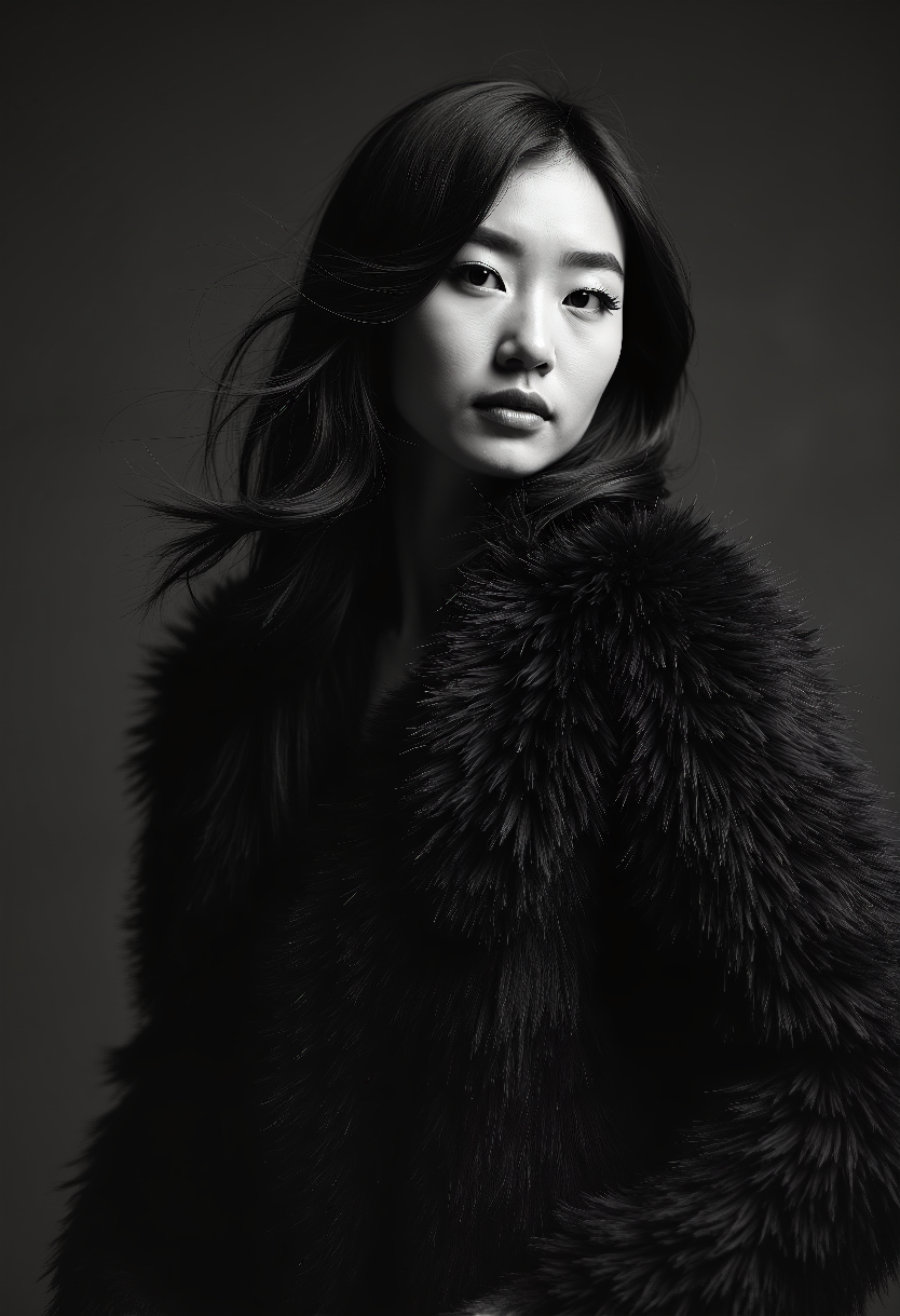 a high-resolution black-and-white photograph featuring a young asian woman with a serene, contemplative expression, she has long, flowing, dark brown hair that cascades down her shoulders, framing her face, her skin is smooth and pale, with a delicate, almost ethereal quality, her large, almond-shaped eyes are framed by thick, dark eyelashes, and her lips are full and slightly parted, giving her a soft, inviting look, she wears a luxurious, fur-like coat that adds a sense of warmth and elegance to her appearance, the texture of the fur is soft and fluffy, blending seamlessly with her skin, the background is a plain, dark grey wall, which contrasts sharply with her dark hair, making her the focal point of the image, the overall mood of the photograph is introspective and introspective, capturing a moment of quiet introspection, rich in detail and texture, enhancing the realism and depth of the subject