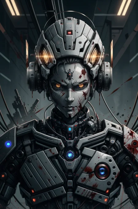 cybernetic robot one guy, predatory pupil, shining eyes, aloof expression, ferocious aura, broad shoulders, blood, looking at the viewer <lora:detailed_notrigger:1> <lora:CharacterDesign_Concept:0.5> <lora:art-v5-15:0.8> . android, AI, machine, metal, wires, tech, futuristic, highly detailed