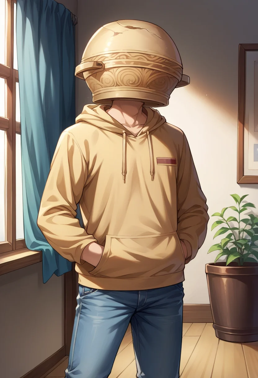 score_9, score_8_up, source_anime, 1boy, solo, LetMeSoloHer, pot helmet, indoors, jeans, hoodie, hands in pockets, <lora:CHAR-LetMeSoloHerPonyXL:1>