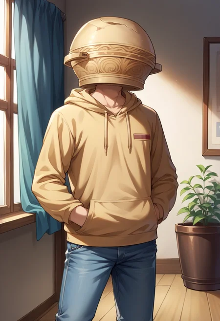 score_9, score_8_up, source_anime, 1boy, solo, LetMeSoloHer, pot helmet, indoors, jeans, hoodie, hands in pockets, <lora:CHAR-LetMeSoloHerPonyXL:1>