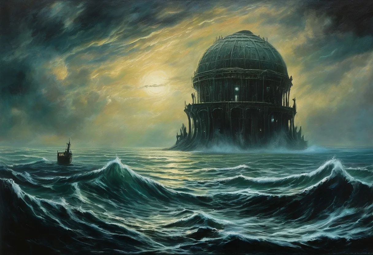 lovecraft, giant colossus in deep water, eerie, gloomy atmosphere, on a linen, oil on canvas, stunning visually, dark influence, premium effects. all colors,
Space horror in the sky, detail. 4к,