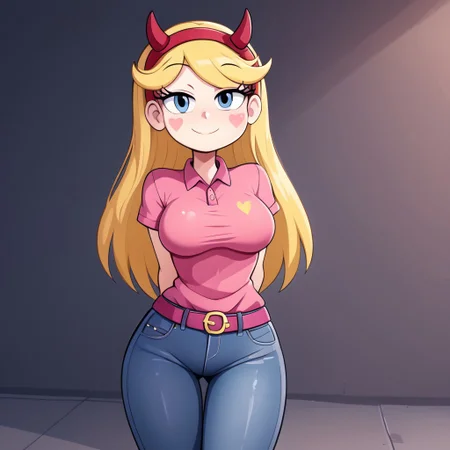 Star Butterfly, anime, girl, sexy, lora, ponyxl, aged up, grown up, adult, medium breasts, narrow waist, polo shirt, black grommet belt, tight denim jeans, arms behind back, coy expression, leaning forward, staring at viewer, score_9, score_8, score_7 up, score_6, score_5, score_4,