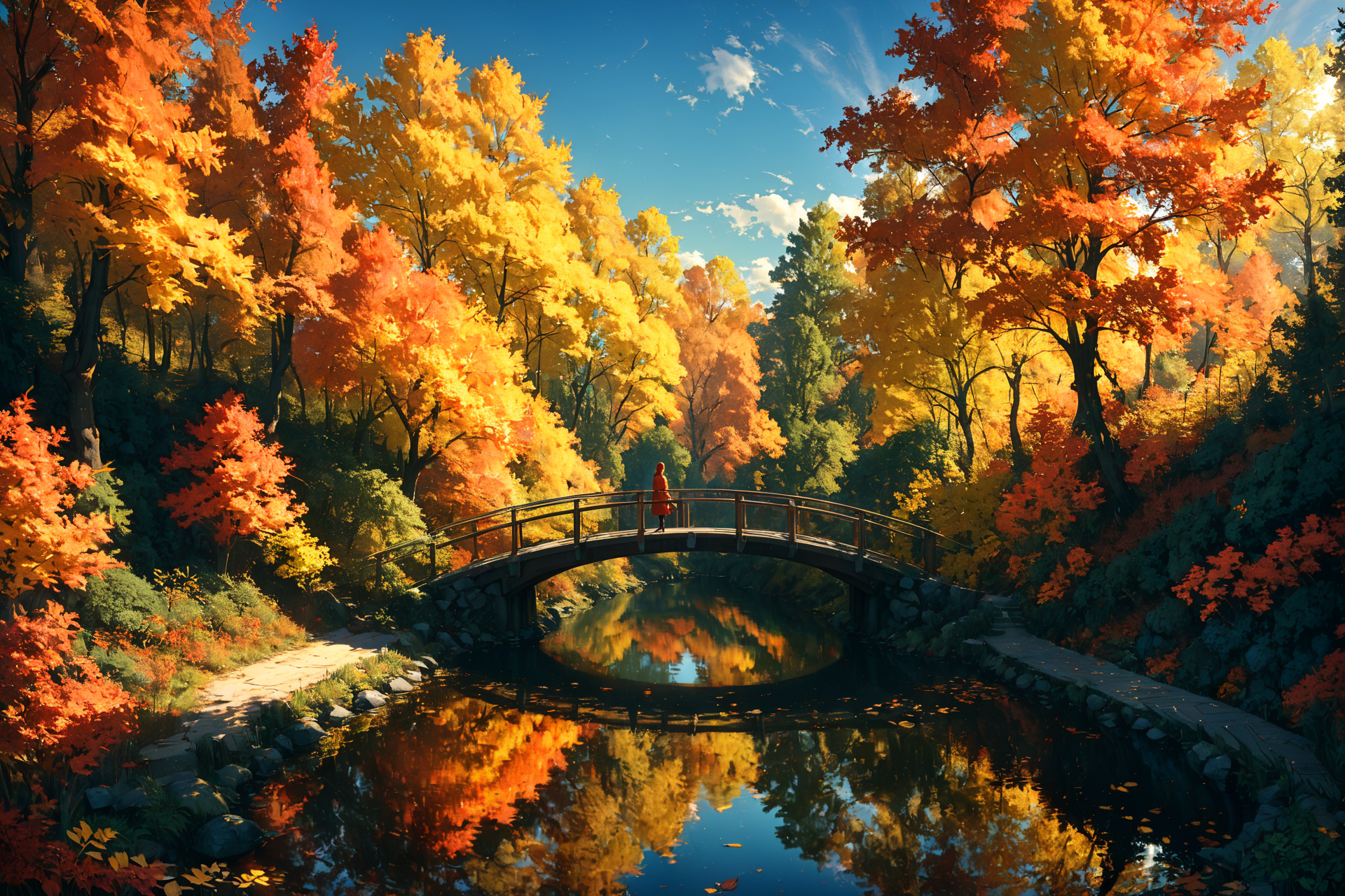 Imagine a serene landscape in the heart of autumn, where the vibrant hues of red, orange, and yellow leaves contrast strikingly against a clear, azure sky. A gentle river meanders through the scene, reflecting the brilliant colors of the trees on its smooth surface. In the foreground, a small wooden bridge arches over the river, inviting onlookers to cross. A solitary figure, clad in a cozy sweater and scarf, stands on the bridge, pausing to take in the breathtaking view. The air is crisp and filled with the subtle scent of falling leaves, creating a sense of peace and tranquility. This picturesque setting captures the essence of autumn's beauty and the reflective mood it inspires.. <lora:Lost_In_Dreams:0.6> <lora:xl_more_art-full_v1:0.6>, (masterpiece:1.2), best quality, (hyperdetailed, highest detailed:1.2), high resolution textures