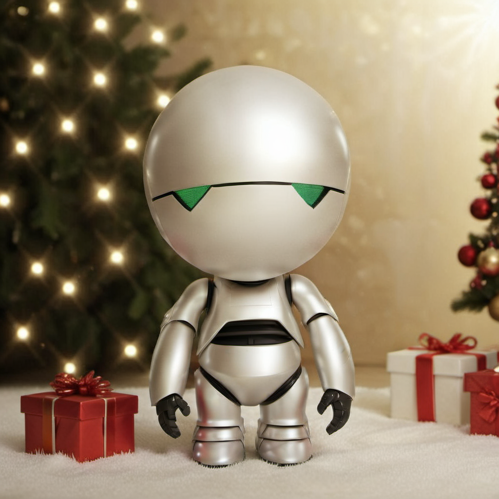 Marvin1024, a depressed robot for christmas, christmas tree, gifts, christmas scenery , features intricate detail, detailed eyes, highly detailed, photography, ultra sharp, film, bokeh, professional, 4k  <lora:add-detail-xl:2> <lora:Marvin1024:0.8>