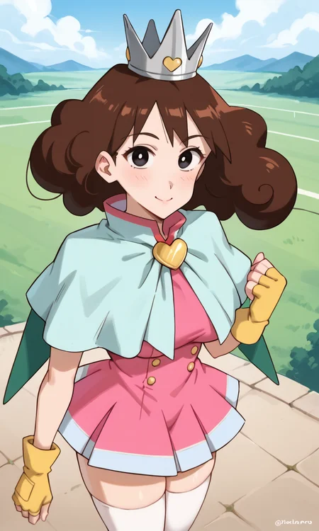 (1girl:1.5), (solo:1.3), (score_9, score_8_up, score_7_up, score_6_up, score_5_up, score_4_up), (source_anime), rating_questionable, looking at viewer, (upper body:1.3), outdoors, blue sky, cloud, cloudy sky,
(nohara-misae), (black eyes, brown hair, medium hair, perm hair, voluminous hair, fluffy hair, parody hair), (large breasts, wide hips, thick thighs), <lora:nohara-misae-onsen_v1:0.9> (silver crown, light blue capelet:1.3), (pink dress, pleated dress, tutu, layered clothes, green capelet, green split cape, yellow heart brooch, yellow fingerless gloves, white thighhighs),smile, from above