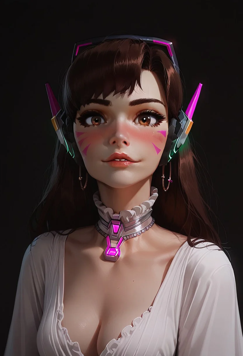 score_9, score_8_up, score_8. score_9, score_8_up, score_7_up, score_6_up, masterpiece, 4k, high quality, (best quality:1.1), ExpressiveH,(close up)
1girl, (brown hair, brown eyes), long hair, medium breasts, d.va_overwatch, headphones, whisker markings, facepaint:1.1, blushing, looking at viewer, seductive smile, g0dd3ss, white dress, cleavage
black background