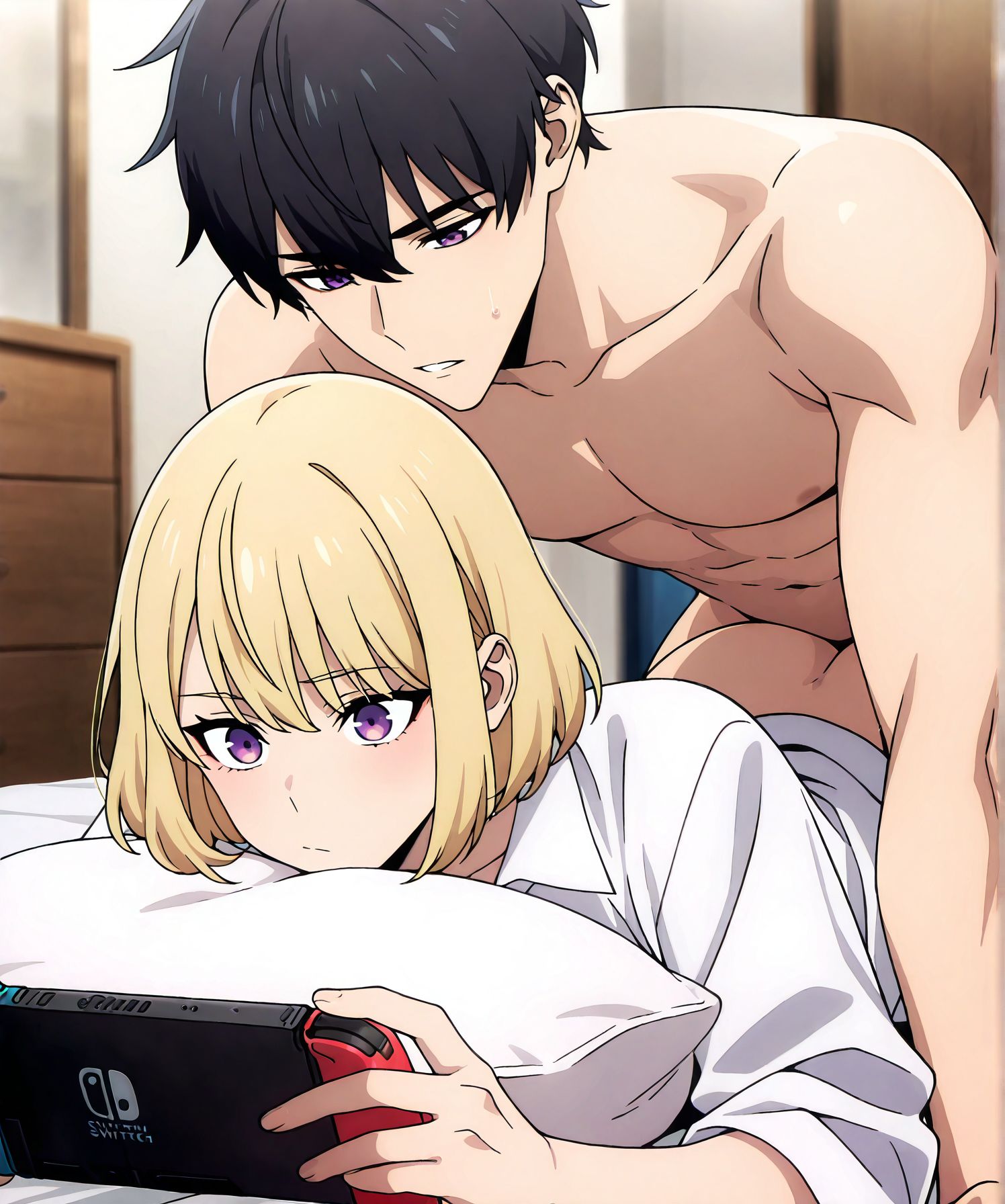 masterpiece, best quality, newest, absurdres, highres, detailed eyes, beautiful, detailed background, perfect eyes, anime coloring, anime screencap,
< lora:Distracted_sex:1> Distracted_sex,
sex,nintendo switch,
prone bone,on stomach,
lying,1girl,1boy,
hetero,sex from behind,
nude,sex while play switch,
<lora:SoloLeveling_ChaHae-In_IlluXL:0.9> ,blonde hair, short hair, purple eyes, ChaHaeInCasual, collared shirt, white shirt,
Sung Jinwoo (Solo Levelling),
Solo Levelling,
black hair male,
indoors, 
official art,