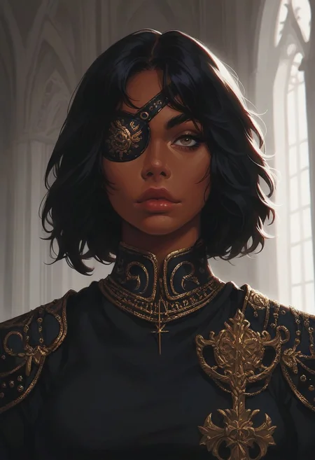 score_9, score_8_up, score_7_up, score_6_up, solo, dark hair, tan skin, (big lips:0.8), t-shirt, sleeves, large breasts, indoors, castle, dark eyebrows, proud, detailed, confident, toned body, belts, duelist, elegant, fancy clothing, (close up:1.2), g0thicPXL, shoulder armor, black armor, intricate, sunlight, portrait, fully clothed, gold cape, eyepatch, fine details, realistic