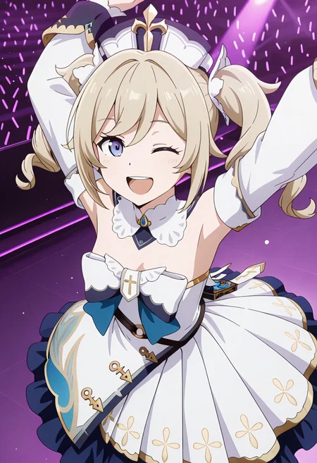 anime screencap, source_anime, solo, female focus, cel shading, (1girl, barbara \(genshin impact\), blonde hair, blue eyes, twindrill), :d, happy, open mouth, teeth, winking, one eye closed, concert, stage, dancing, looking at viewer, masterpiece, best quality, absurdres, newest, perfect quality, best quality, absolutely eye-catching, detailed background, intricate details