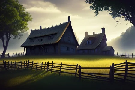 RAW photo, (masterpiece:1.3), subsurface scattering, heavy shadow, (high quality:1.4), (intricate, high detail:1.2), professional photography, HDR, High Dynamic Range, realistic, ultra realistic, photorealistic, high resolution, film photography, ambient lighting, atmospheric effects, <lora:detail_slider_v4:2>, OverallDetail, farmhouse, fields, fence, fantfa, <lora:FantasyFarm:0.75>