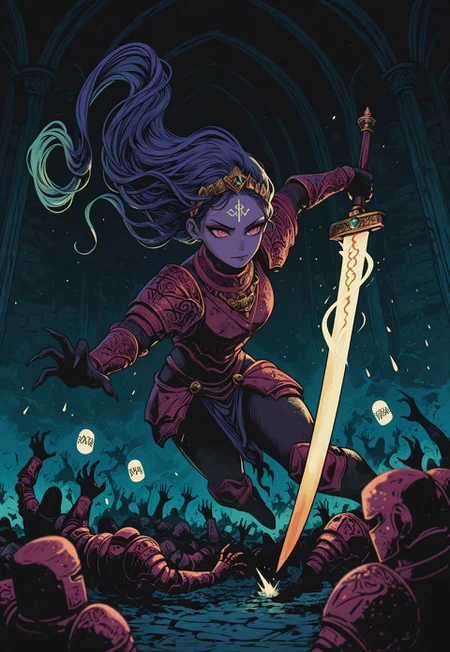 masterpiece, best quality, amazing quality, vibrant colors, cinematic lighting, depth of field, soft focus, dynamic pose, mystical atmosphere, tbhkaida, Newfantasycore, a fierce and powerful female warrior in the middle of an epic battle, wearing intricate battle-worn armor adorned with glowing runes and sharp details, holding a curvy glowing sword, her hair flowing wildly in the wind